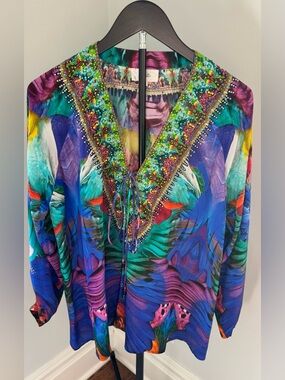 Camilla Multicolor Butterfly Print 100% Silk Top with Beaded Trim